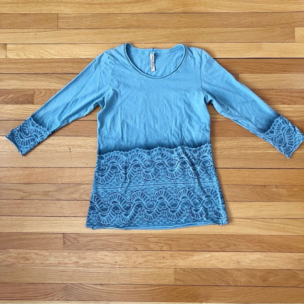 Cynthia Ashby Blue Boho Coastal Grandma Cotton Printed Long Sleeve Top Small